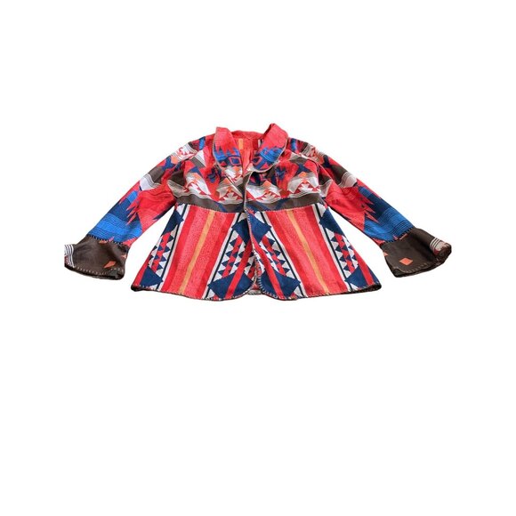 Orange blue white Aztec print open front long ruffled sleeved collared jacket - Picture 3 of 7